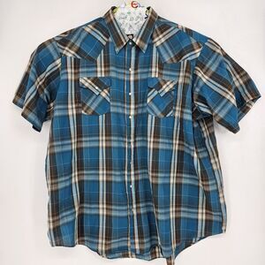 Ely Cattleman Shirt Mens 3X Blue Black Plaid Western Rodeo Big Man Short Sleeve